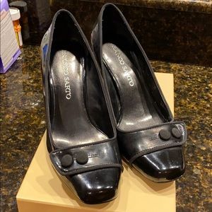 Franco Sarto Glossy Black Heels with Button Accents